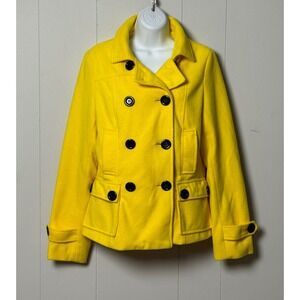 Deb Womens Yellow Double Breasted Pea Coat Fleece Jacket Black Button Size Large